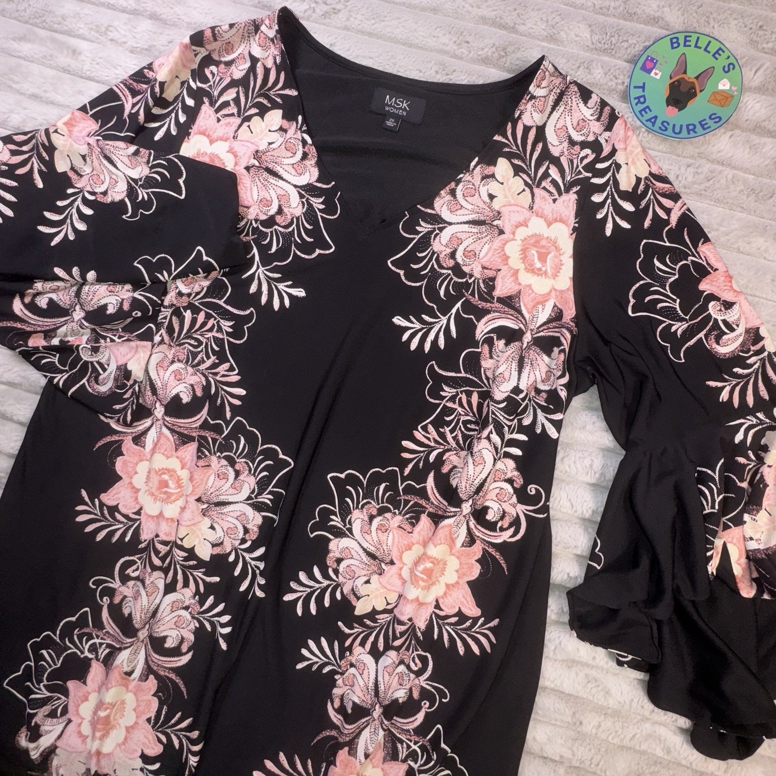 Women's 2xl Black Pink Floral Midi Shift Dress Flutter Bell Sleeves Fairy Whimsi
